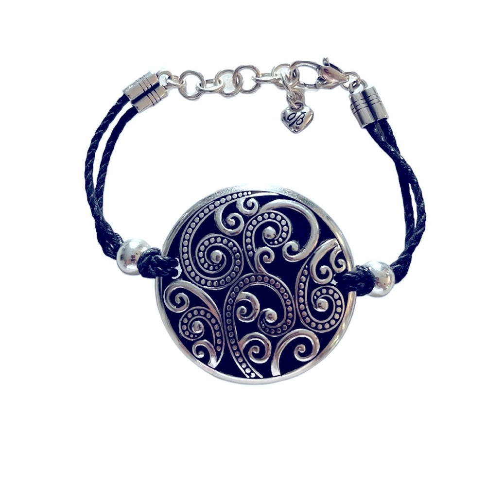 Brighton ANAHITA Silver Tone Scroll Disc Double Black Cord Bracelet
